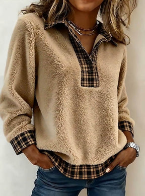 Herbstlicher Cozy Faux Sherpa Plaid Top - Wärmende Eleganz trifft Stil