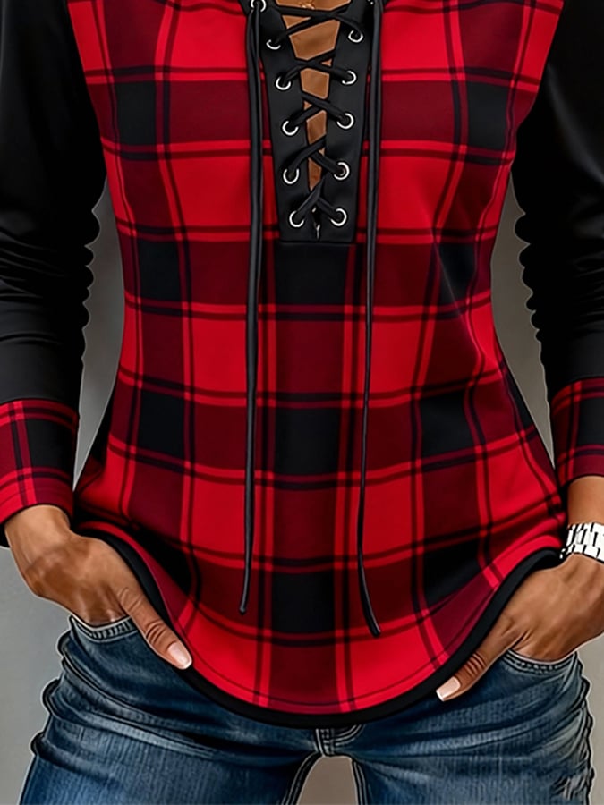 Karoshirt Winter Damen rot schwarz V-Ausschnitt langarm figurbetont