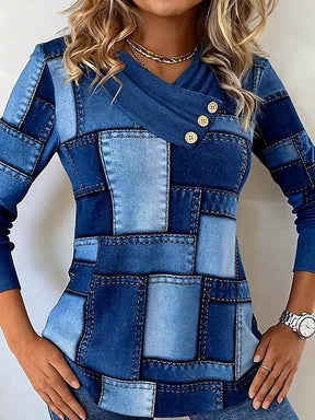 Winter Damen Denim-Look Longsleeve warmes Patchwork Top