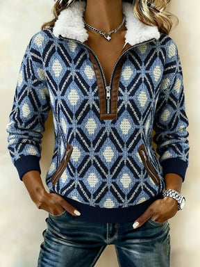 Kuschelwarmer Fleece Strickpullover Blau mit Wintermuster