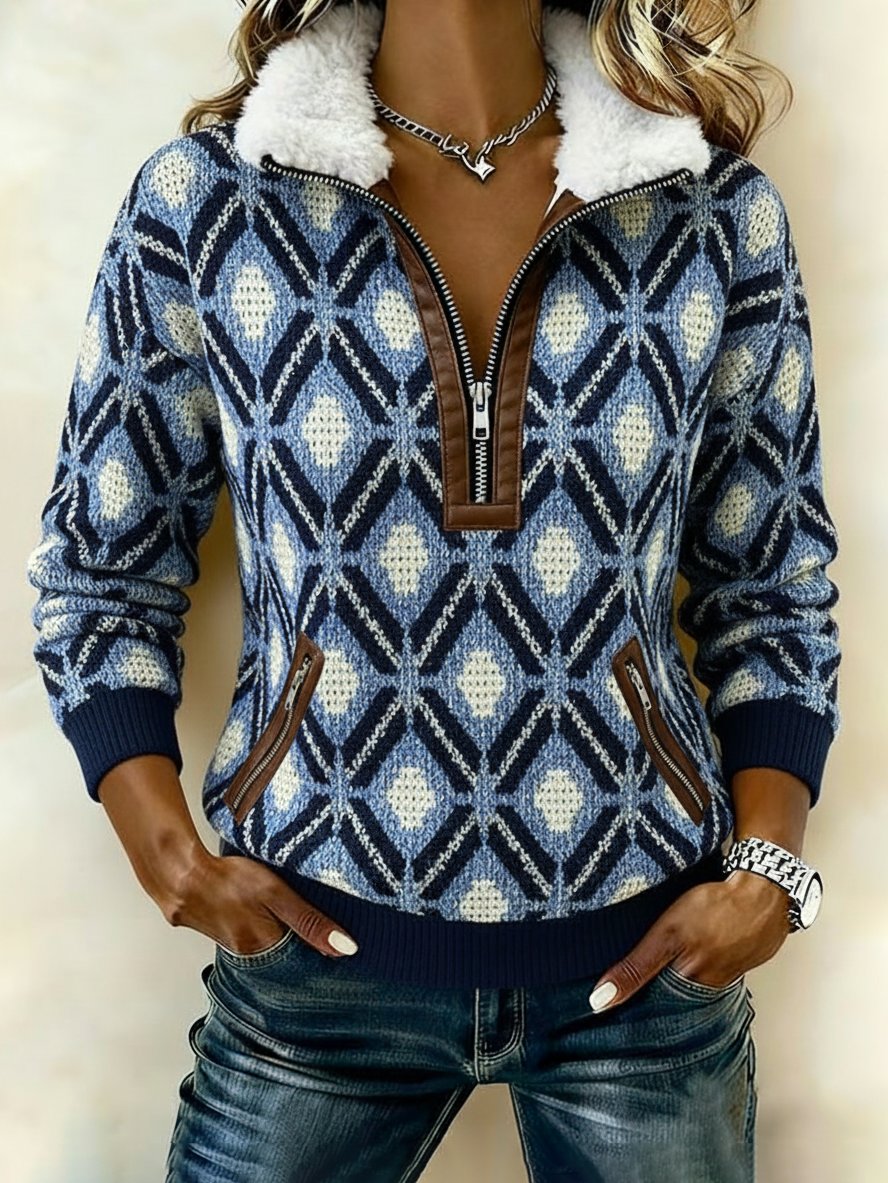 Kuschelwarmer Fleece Strickpullover Blau mit Wintermuster