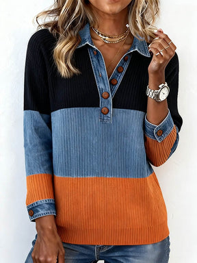 Winter Stricktop mit Denim-Kragen – warm, stylisch, casual