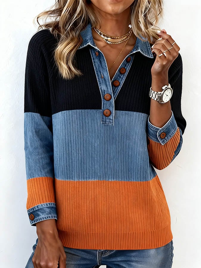 Winter Stricktop mit Denim-Kragen – warm, stylisch, casual