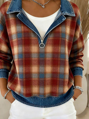 Karo Winter Sweatshirt Damen warm mit Denim Look Zipper