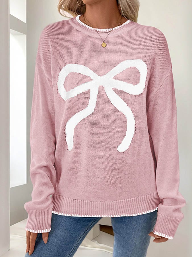 Damen Winter Pullover Weiß mit roter Schleife festlich warm