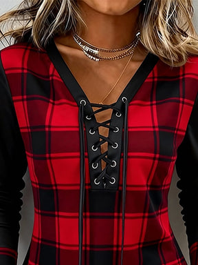 Karoshirt Winter Damen rot schwarz V-Ausschnitt langarm figurbetont