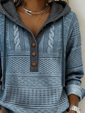 Kuscheliger Damen Winter Hoodie Denim-Blau mit Stricklook