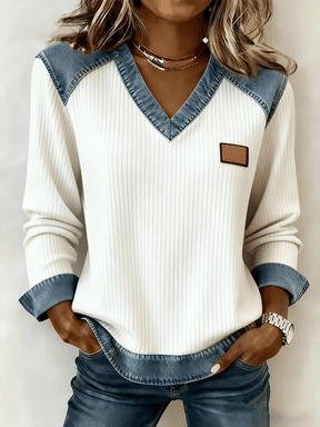 Winter Damen V-Neck Patchwork Pullover im Denim-Look