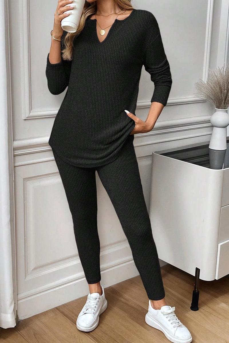 Winter Loungewear Set Damen Schwarz – Warmes Rib Two Piece