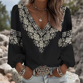 Winter Boho V-Neck Longsleeve Schwarz mit Blumenprint