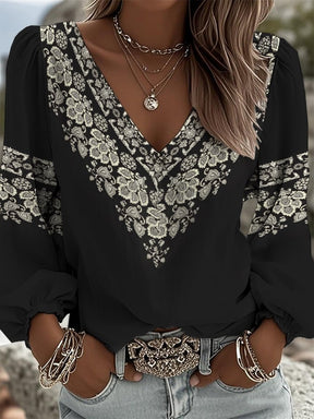 Winter Boho V-Neck Longsleeve Schwarz mit Blumenprint
