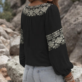 Winter Boho V-Neck Longsleeve Schwarz mit Blumenprint
