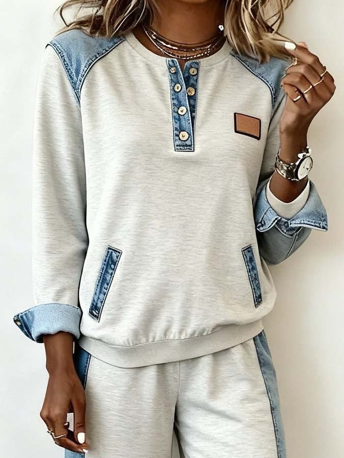 Winter Damen Zweiteiler Cozy Streetstyle Anzug grau-blau