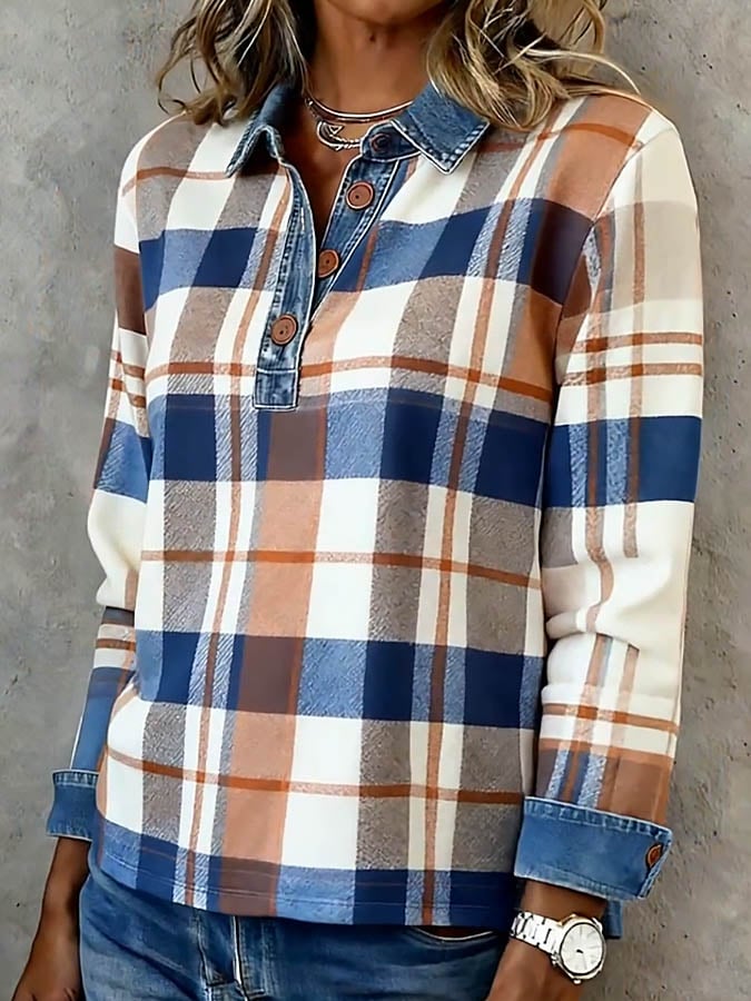 Damen Karo Winterhemd warmes Casual Shirt mit Denimkragen