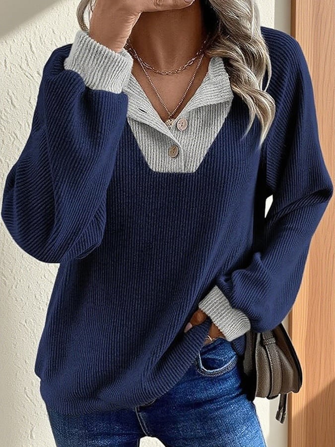 Warmer Winter Colorblock Pullover V-Ausschnitt Damen