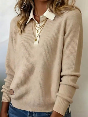 Beiger Damen Strickpullover Winter warm mit Kragen, S-XXXL