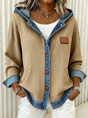 Kuschelige Patchwork Winterjacke mit Kapuze in Camel Denim
