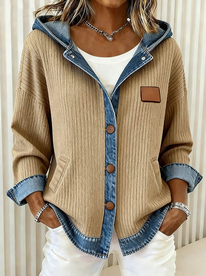 Kuschelige Patchwork Winterjacke mit Kapuze in Camel Denim