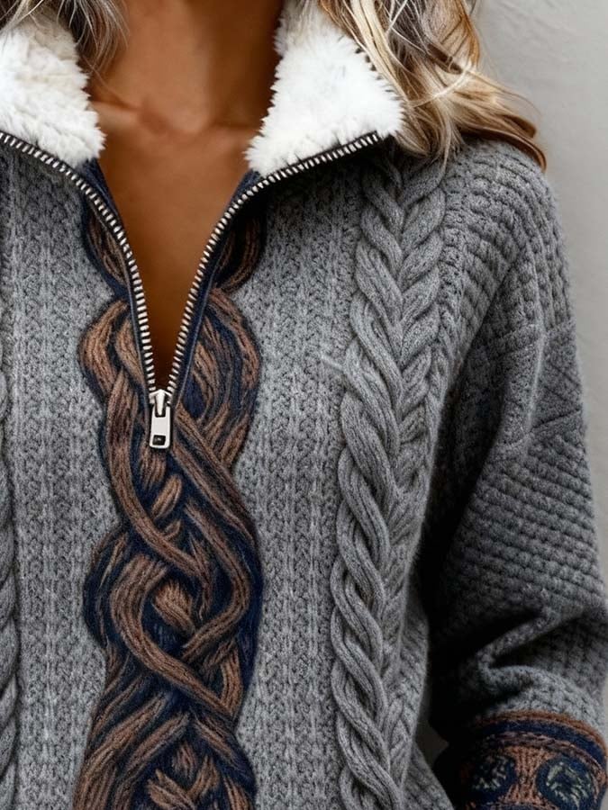 Damen Winter Fleece Pullover mit Zopfstrick Look, Kuschelsweater