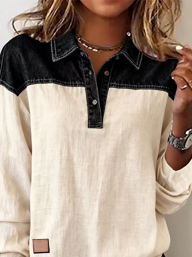 Winter Damen Color Block Longsleeve Top creme schwarz