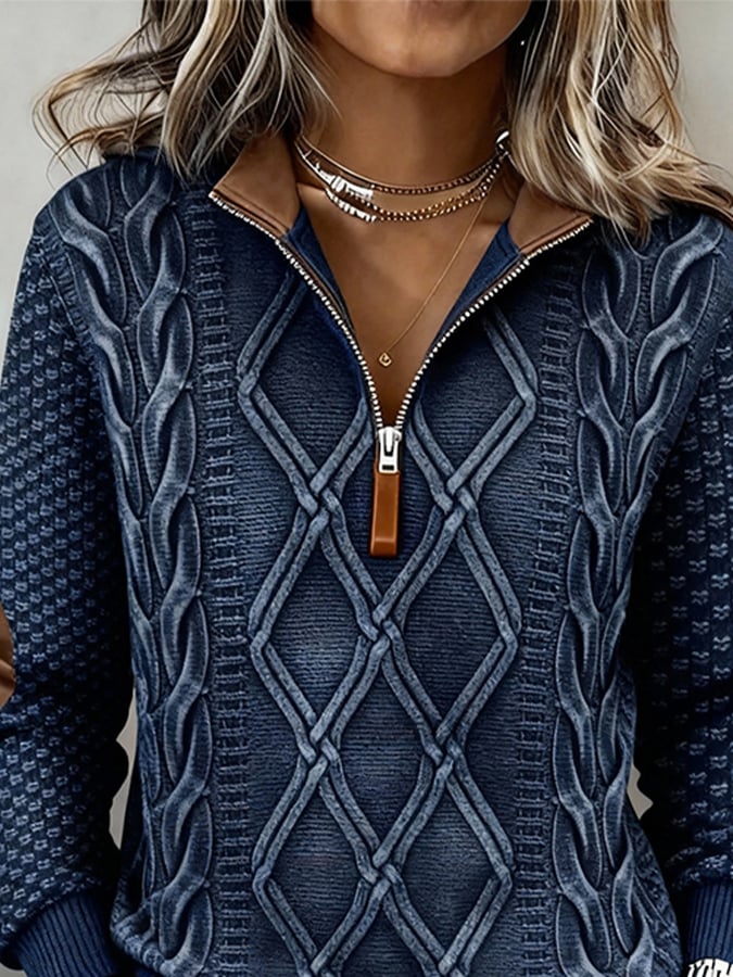 Kuscheliger Winter Half-Zip Pullover Navy mit Zopfstrick