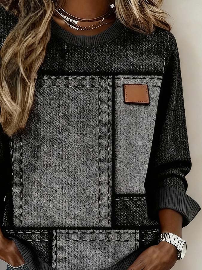 Kuscheliges Winter Sweatshirt Damen mit Denim-Patchwork Print