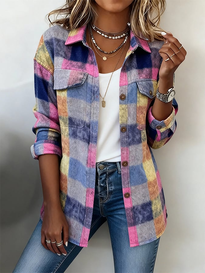 Bunte Winter Shacket Damenjacke warm kariert Casual Trend