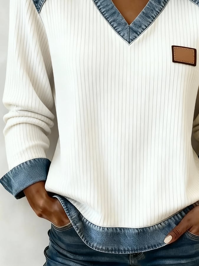 Winter Damen V-Neck Patchwork Pullover im Denim-Look
