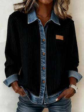 Winter Damen Patchwork Jacke Schwarz Denim Casual Warm