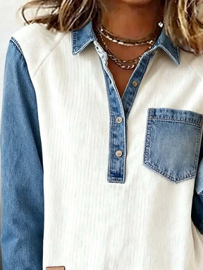 Winter Damen Denim Patchwork Longsleeve Top casual warm