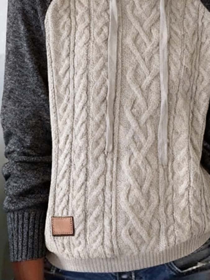 Kuscheliger Winter Hoodie Damen creme-grau mit Zopfstrick