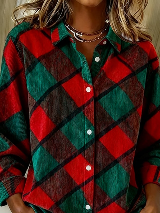 Damen Winter Karohemd Weihnachten Rot Grün Oversize Shirt