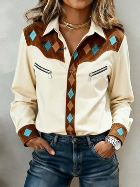 Winter Western Bluse beige – warme Diamond Patch Eleganz