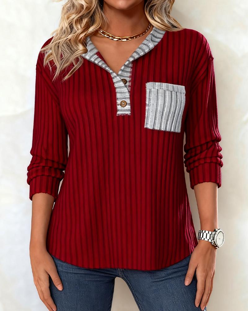 Winter Damen Longsleeve Rot Grau V-Ausschnitt Color Block