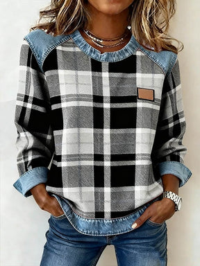 Kuscheliges Karo Sweatshirt Damen Winter Casual Denim Look