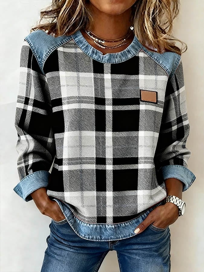 Kuscheliges Karo Sweatshirt Damen Winter Casual Denim Look