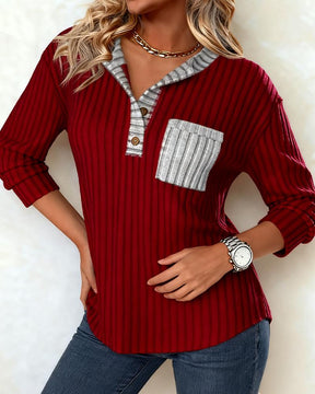 Winter Damen Longsleeve Rot Grau V-Ausschnitt Color Block
