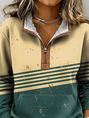 Winter Half-Zip Sweatshirt beige-grün mit Teddy Stehkragen