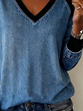 Winter Damen Kontrast-Top warmes Terylen Shirt denimblau