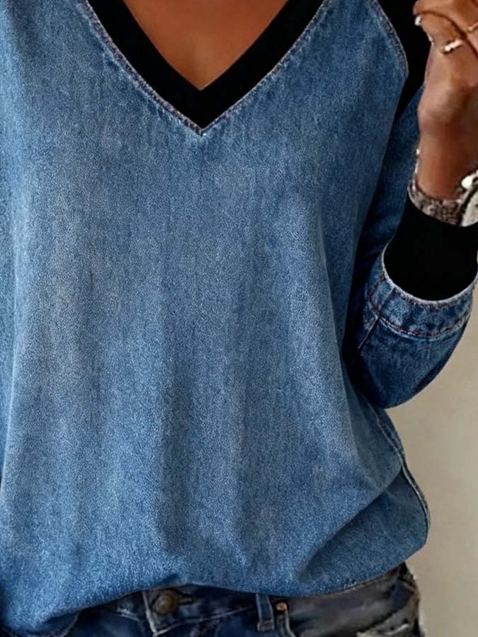 Winter Damen Kontrast-Top warmes Terylen Shirt denimblau