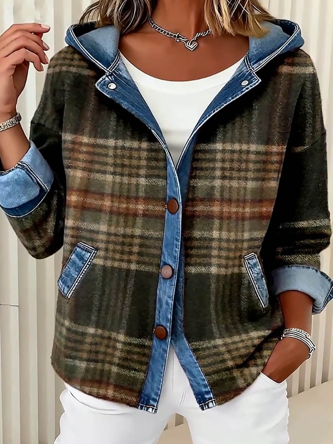 Warme Karo Kapuzenjacke Damen Winter mit Denim-Details