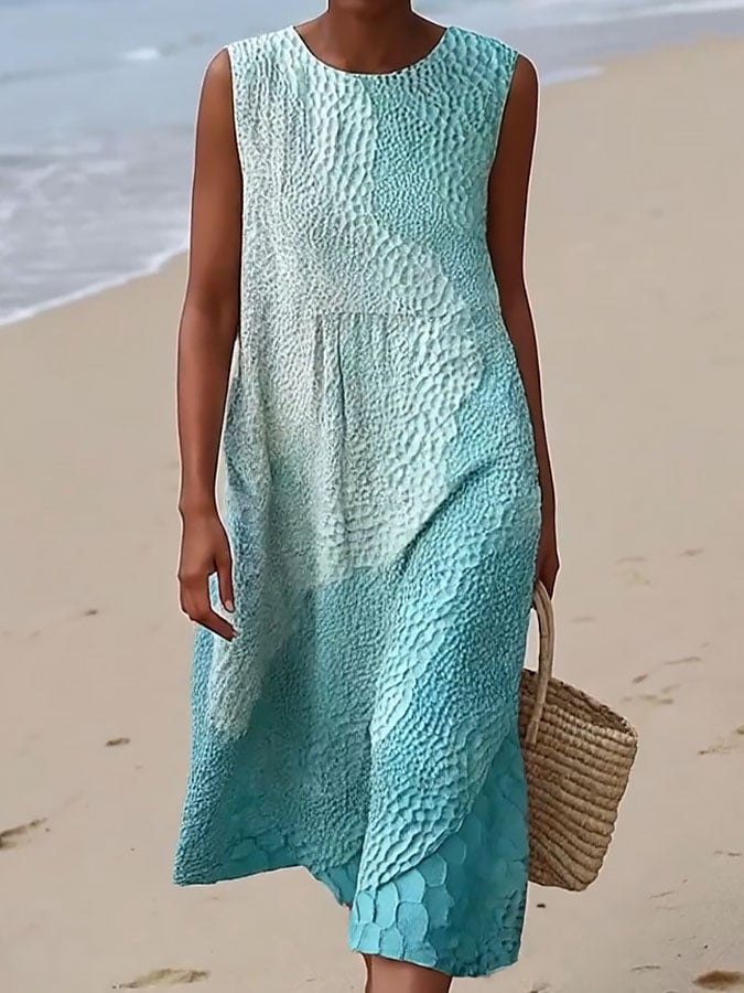 Winter Kleid Türkis Midi ärmellos Faux Leinen Meeresprint