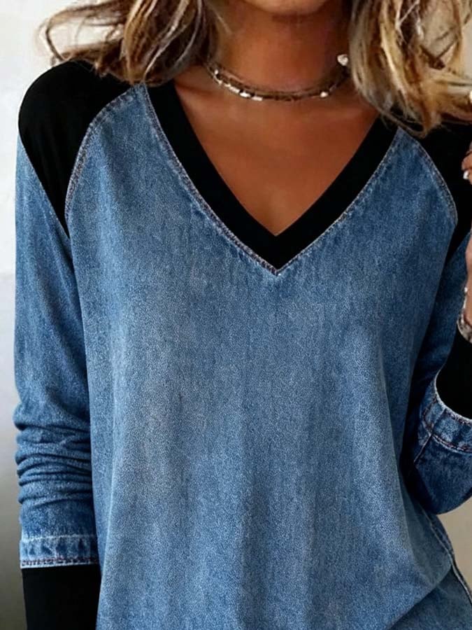 Winter Damen Kontrast-Top warmes Terylen Shirt denimblau