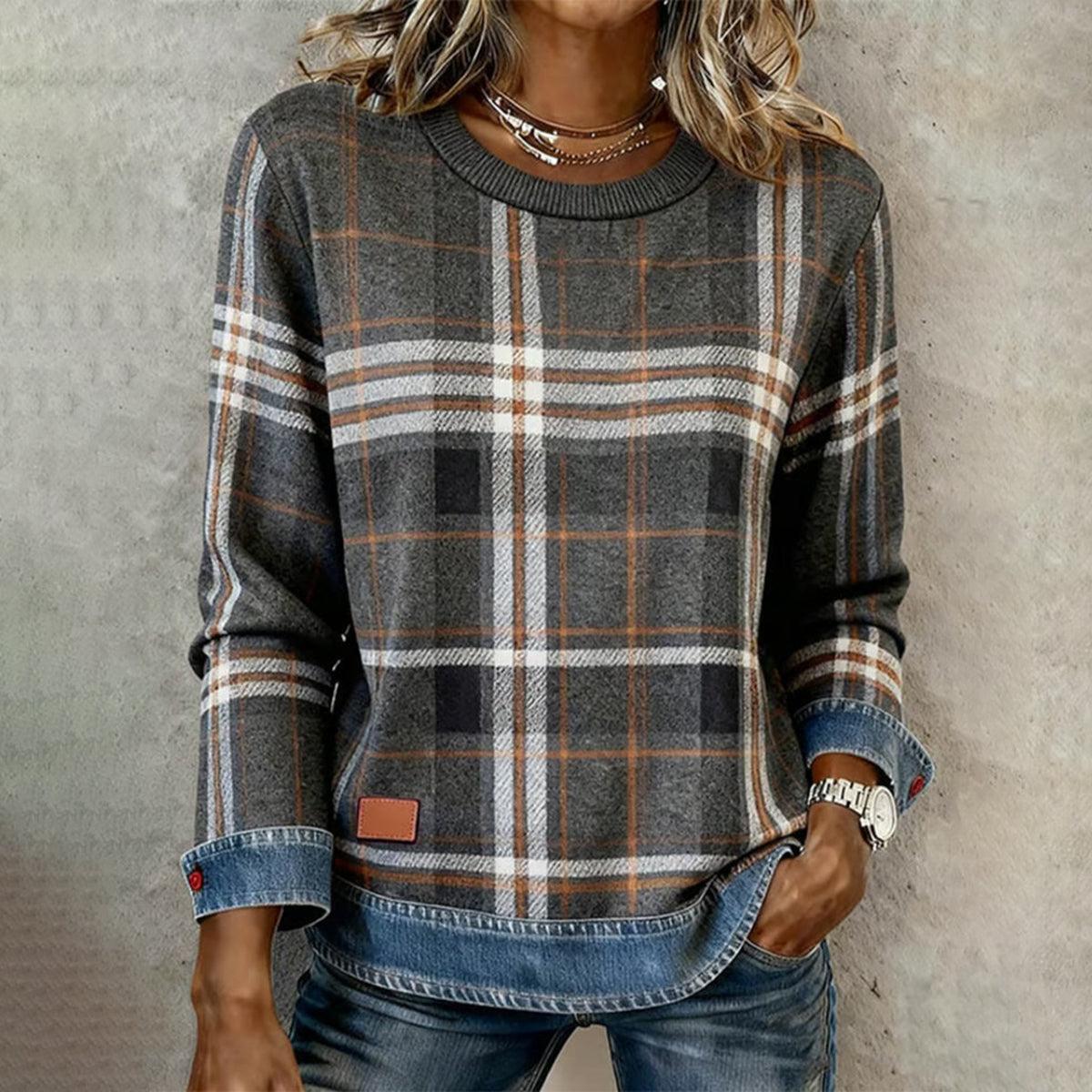 Herbst-Schick: Grau Kariertes Langarmshirt mit Rundhals - Komfort trifft Stil