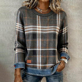Herbst-Schick: Grau Kariertes Langarmshirt mit Rundhals - Komfort trifft Stil