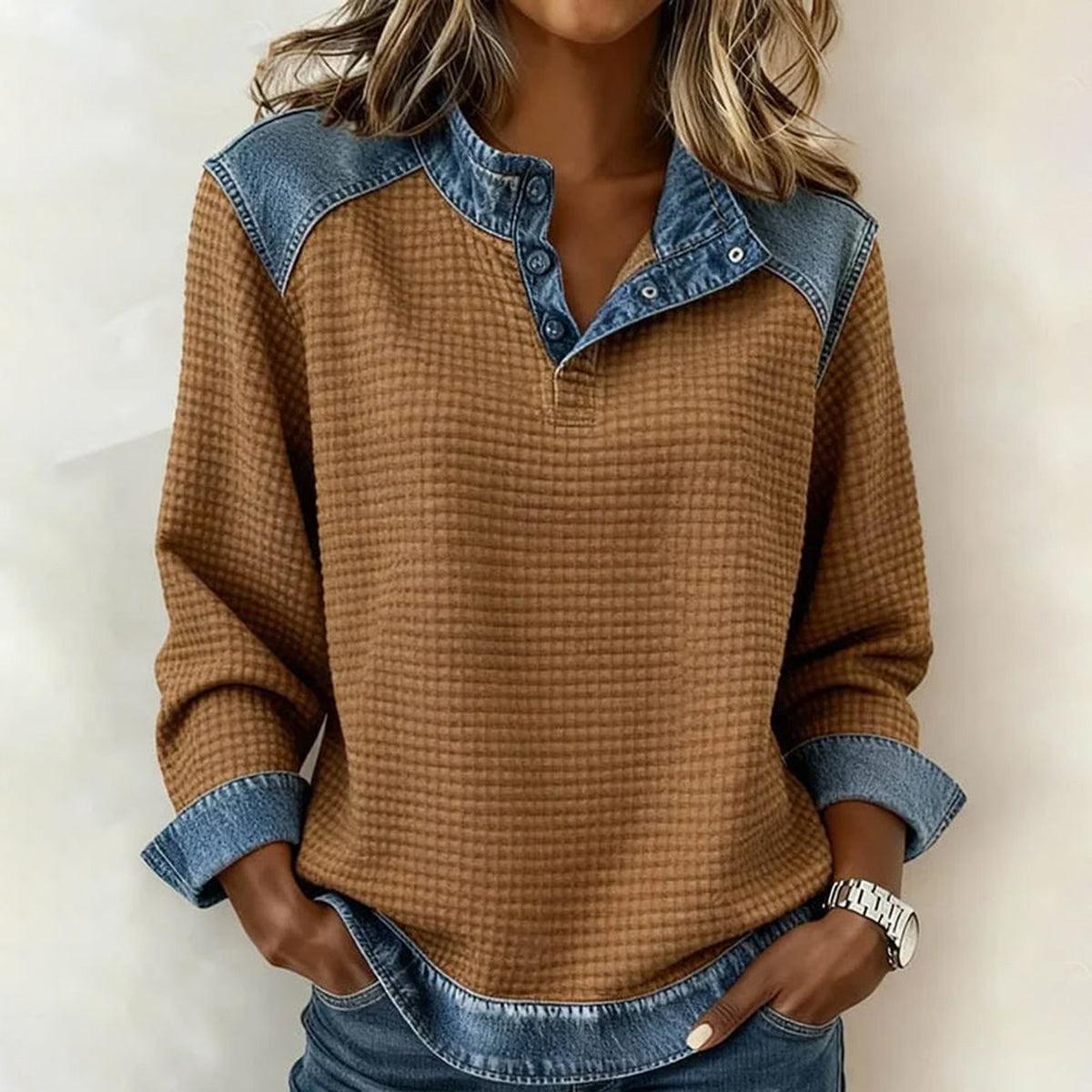 Warmes Winter Longsleeve Braun mit Denim-Kragen Damen