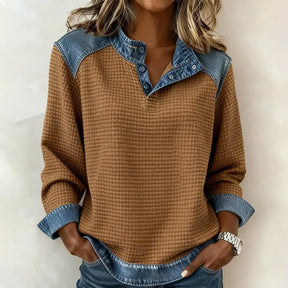 Warmes Winter Longsleeve Braun mit Denim-Kragen Damen