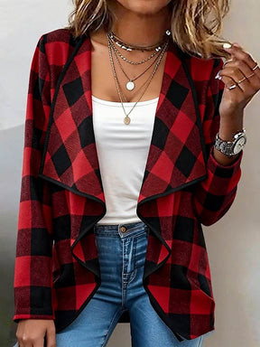 Kuscheliger Winter Cardigan rot kariert mit Wasserfall-Schnitt