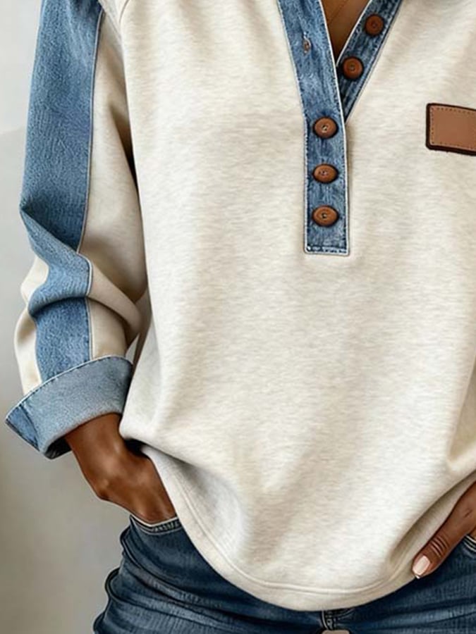 Winter Denim Longsleeve Damen – Warmes Colorblock Shirt