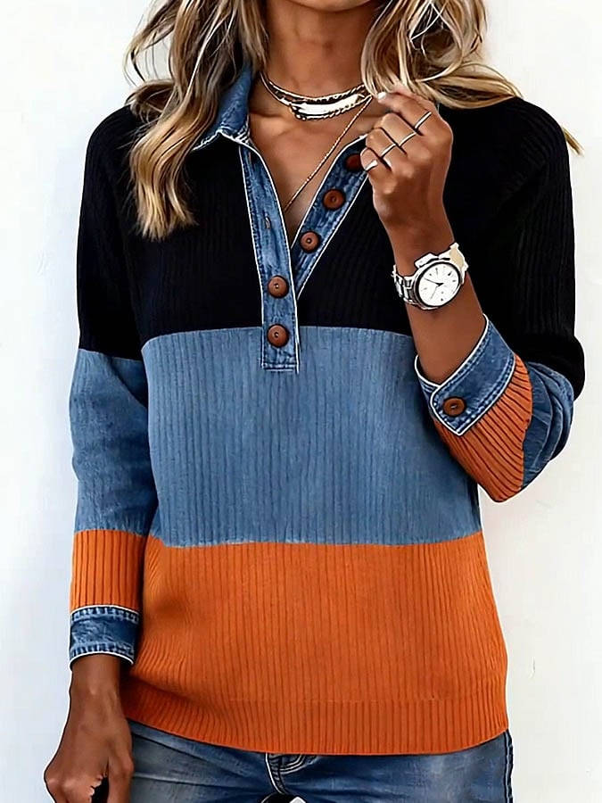 Winter Stricktop mit Denim-Kragen – warm, stylisch, casual